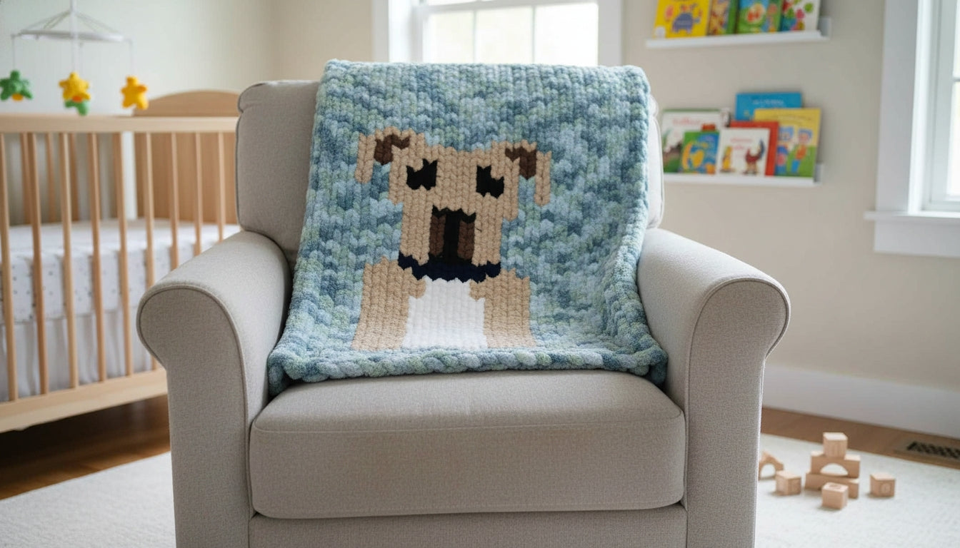 Blue blanket with a dog pattern draped over a chair in a room with a crib and toys.