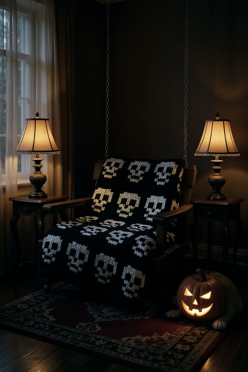 Dark room with a swing covered by a skull-patterned blanket and a carved pumpkin on the floor.