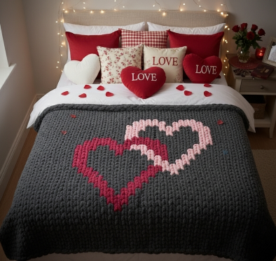 Bedroom with a bedspread featuring interlocking hearts, surrounded by decorative pillows and heart-shaped objects.
