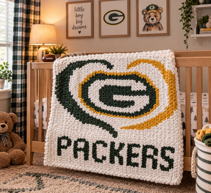 A handmade chunky knit blanket featuring the Green Bay Packers logo and the word 'PACKERS' in dark green, yellow, and off-white, draped over a wooden crib in a styled nursery.