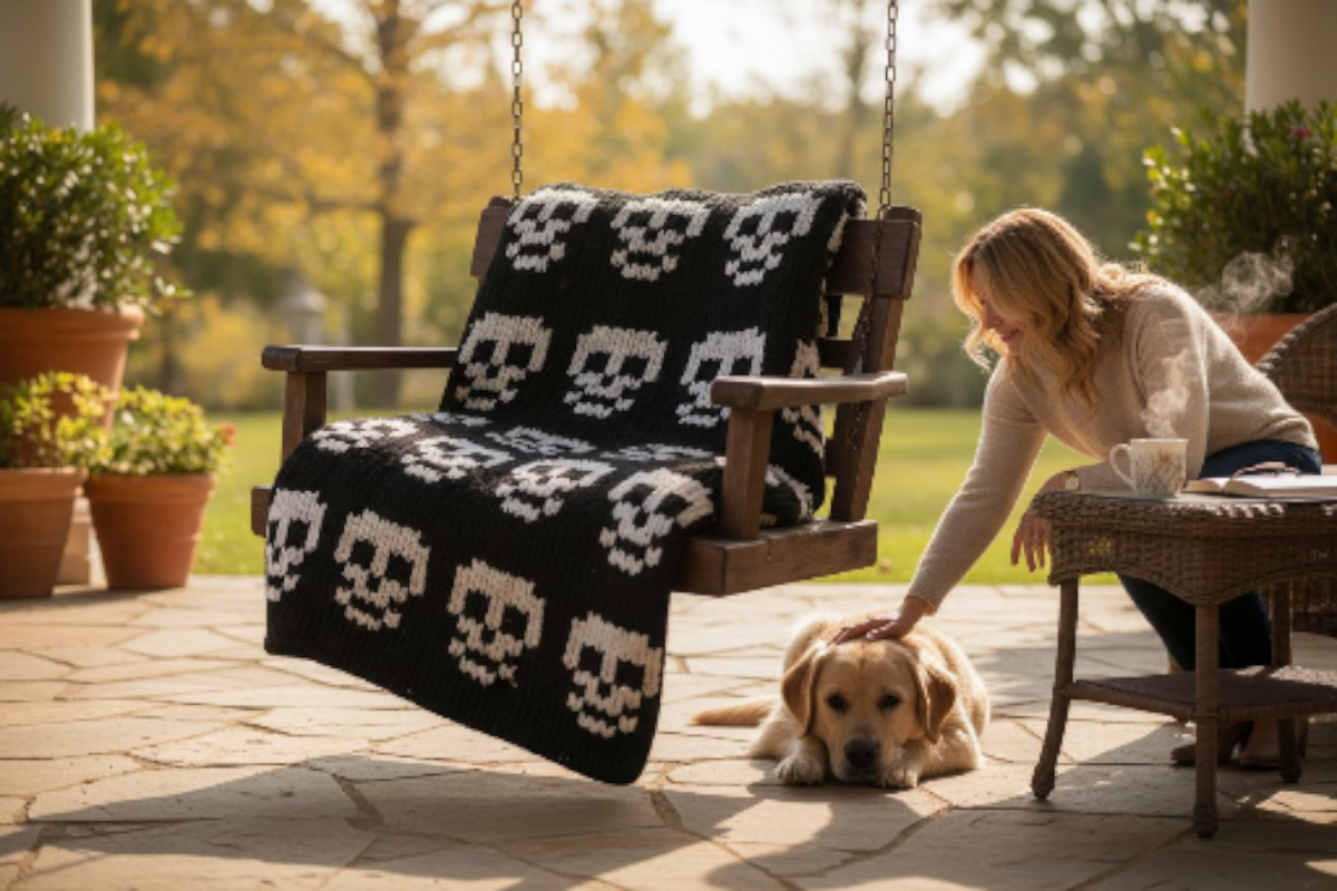 Woman with a dog on a patio with a black and white skull patterned blanket on a wooden chair.