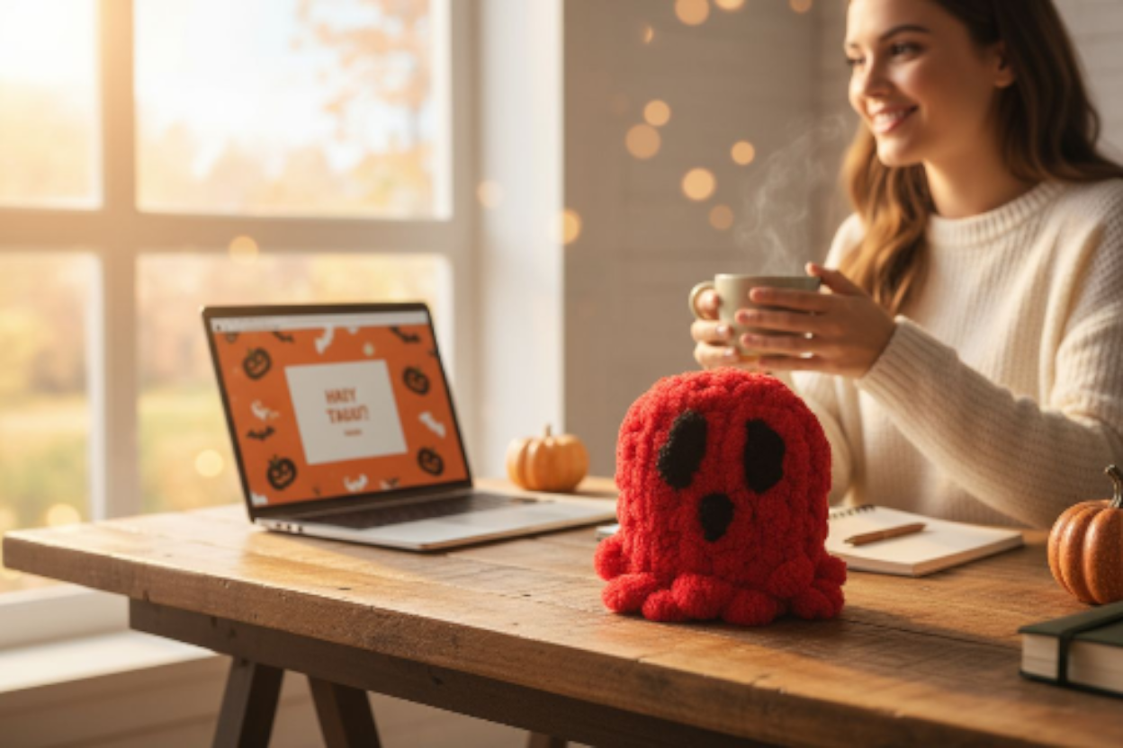 Woman sitting at a table with a laptop, mug, and red knitted ghost, smiling.