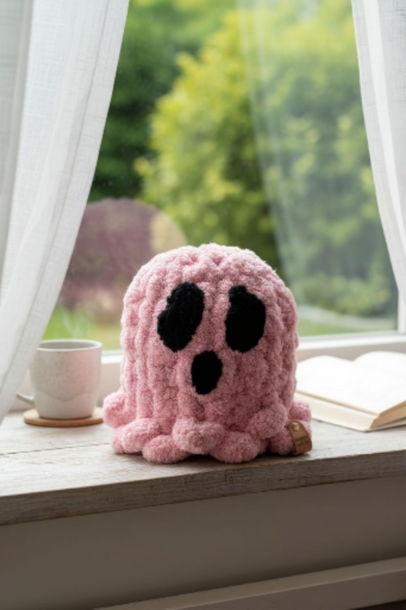 Pink ghost plush toy on a windowsill with a view of greenery outside.