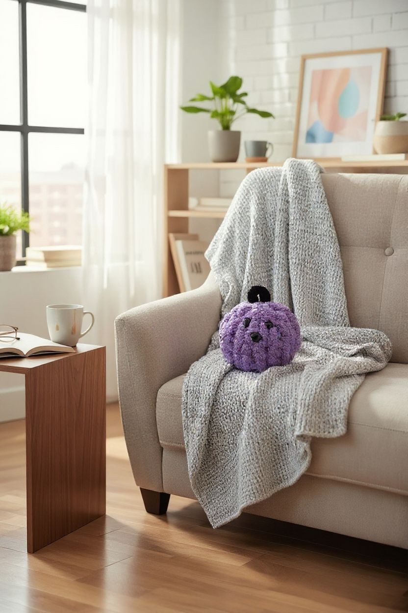 Living room with a beige sofa, purple plush toy, and gray blanket.