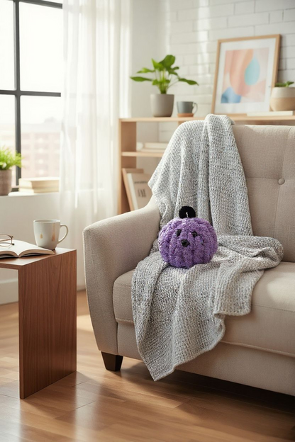 Living room with a beige sofa, purple plush toy, and gray blanket.
