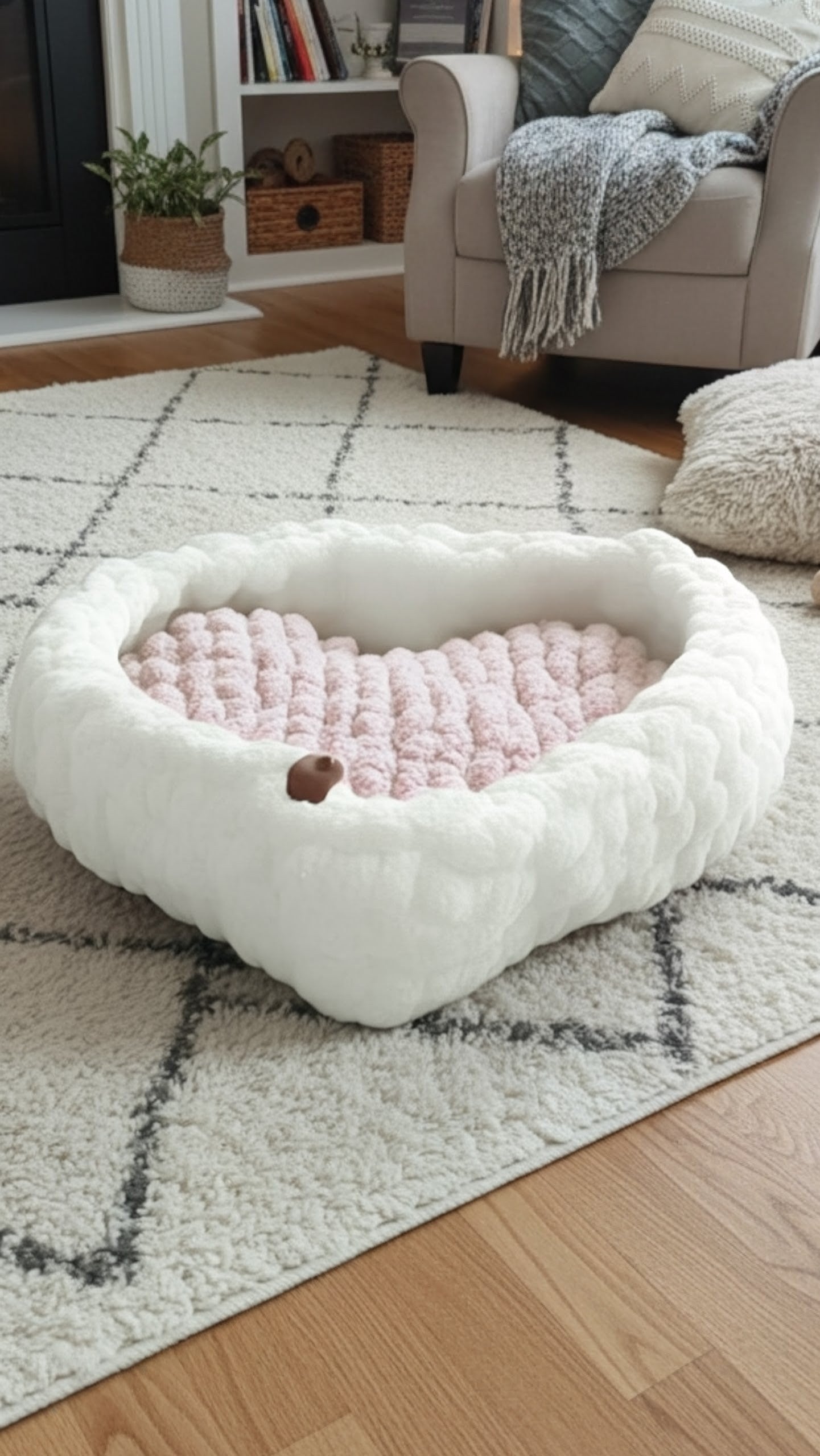 white and pink heart shaped pet bed