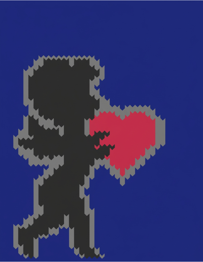 Pixelated black silhouette of a character holding a red heart on a blue background