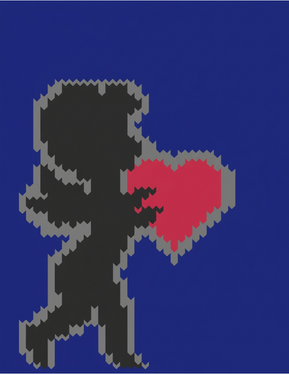Pixelated black silhouette of a character holding a red heart on a blue background