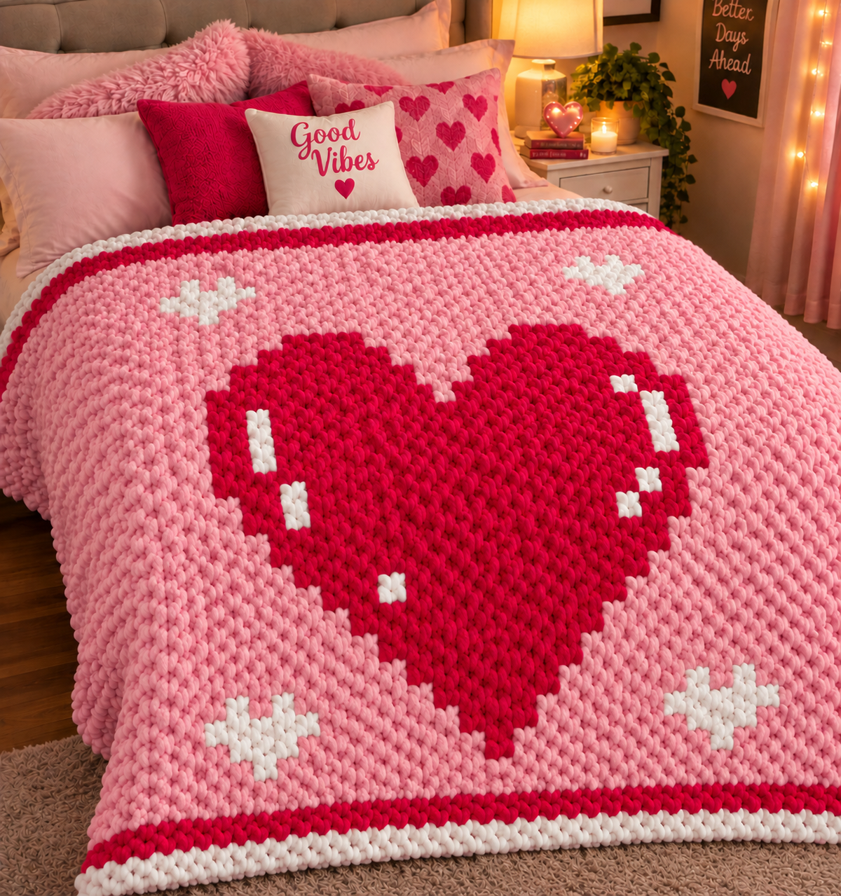 A pink chunky knit blanket with a large red pixelated heart and white star accents, styled on a bed with pink pillows in a cozy bedroom setting.