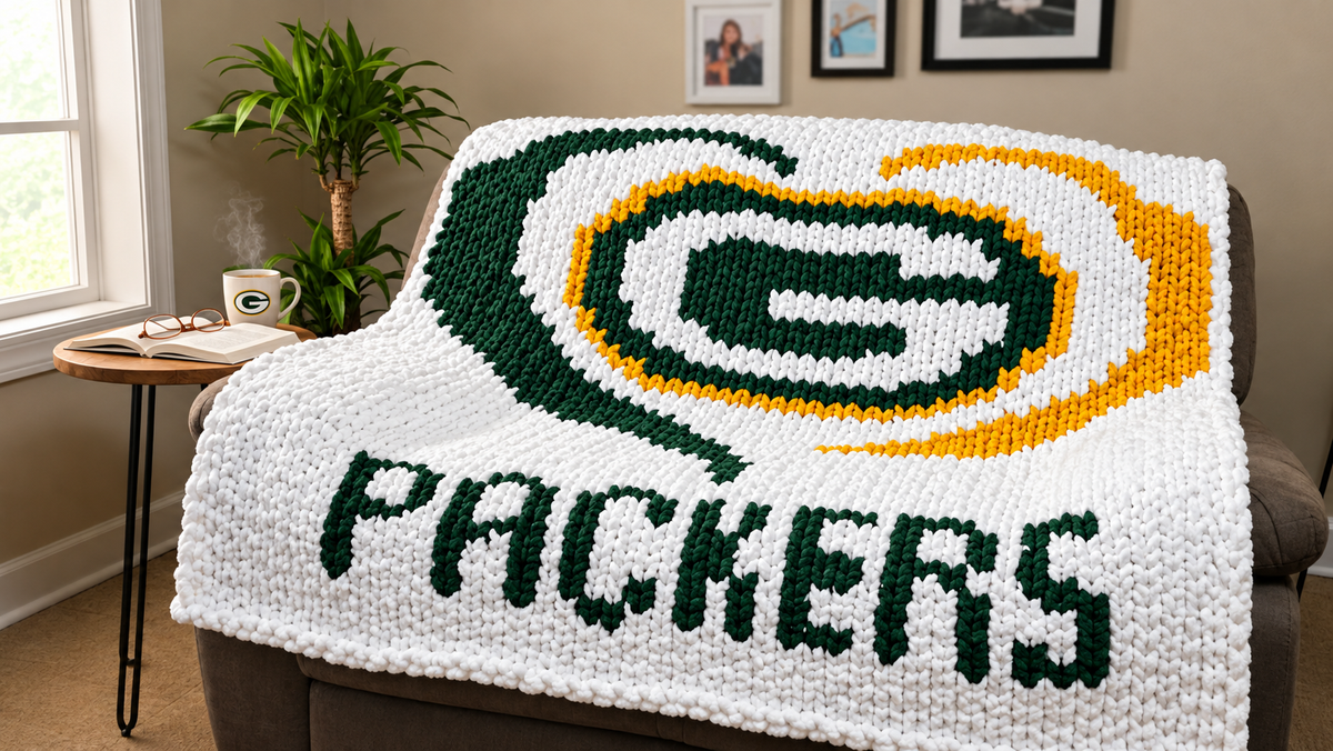 A chunky-knit green and white Packers-themed throw blanket draped over a brown armchair in a living room setting, featuring the Green Bay Packers logo and the word 'PACKERS'.
