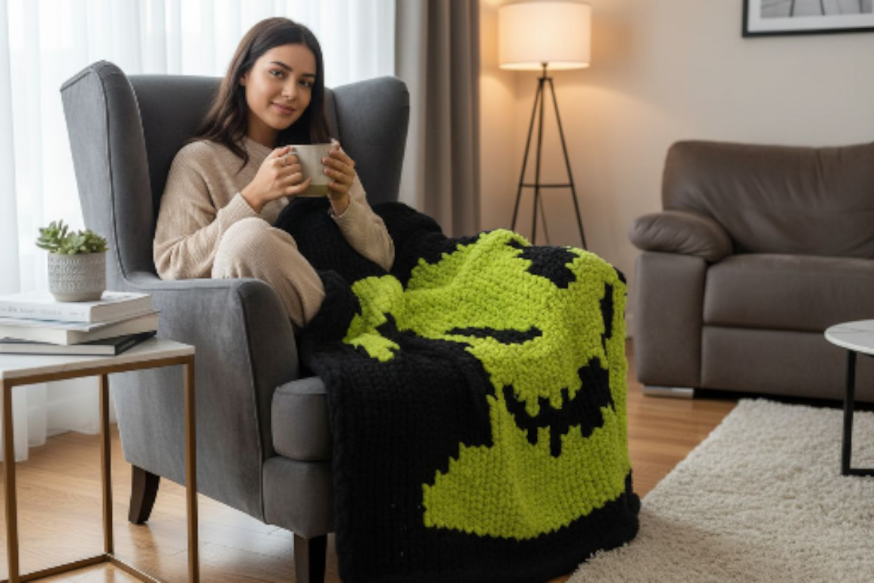 Woman sitting in a chair with a green and black patterned blanket, holding a mug in a living room.