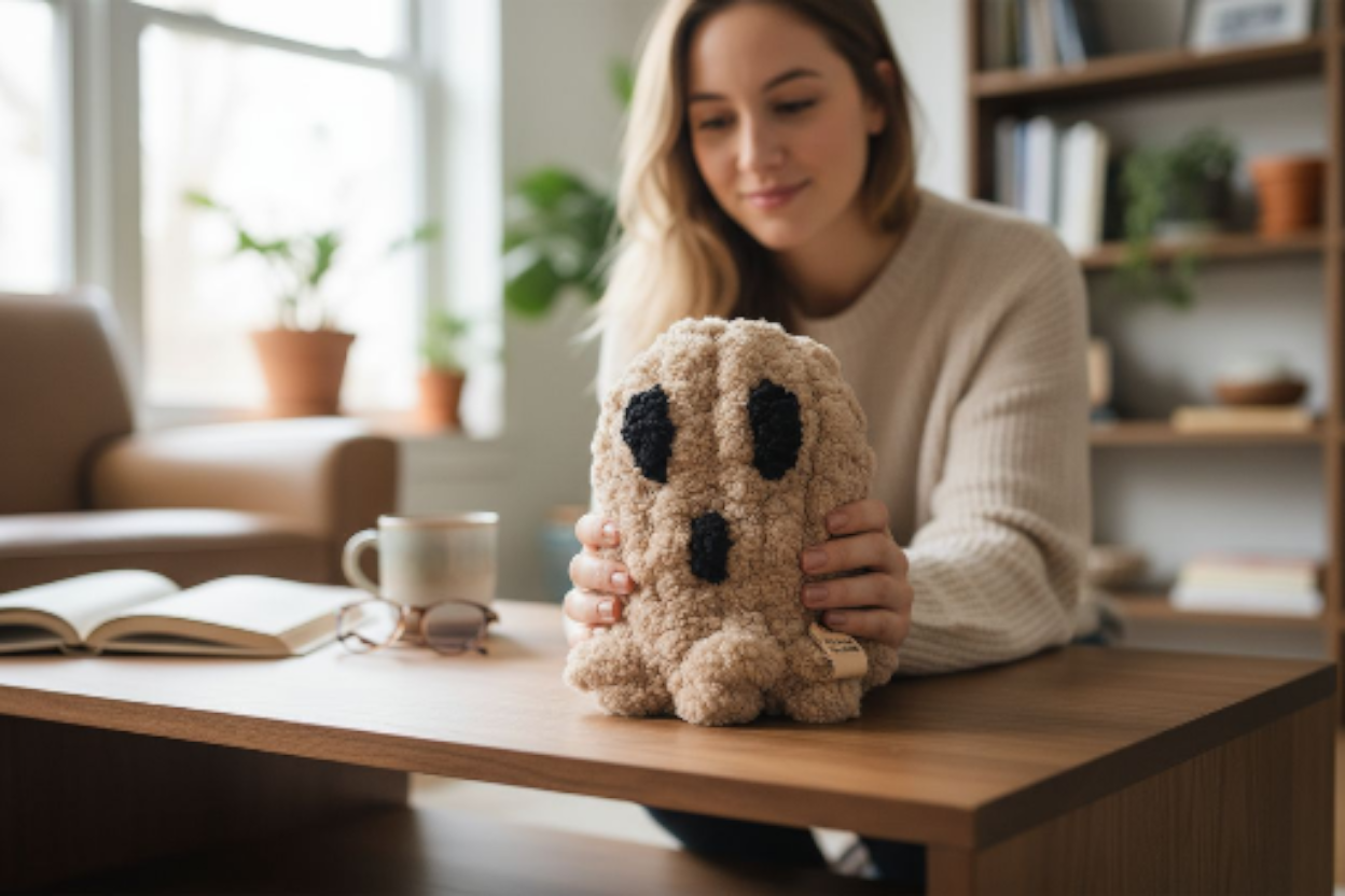 Woman holding a plush ghost toy on a wooden table in a cozy living room.