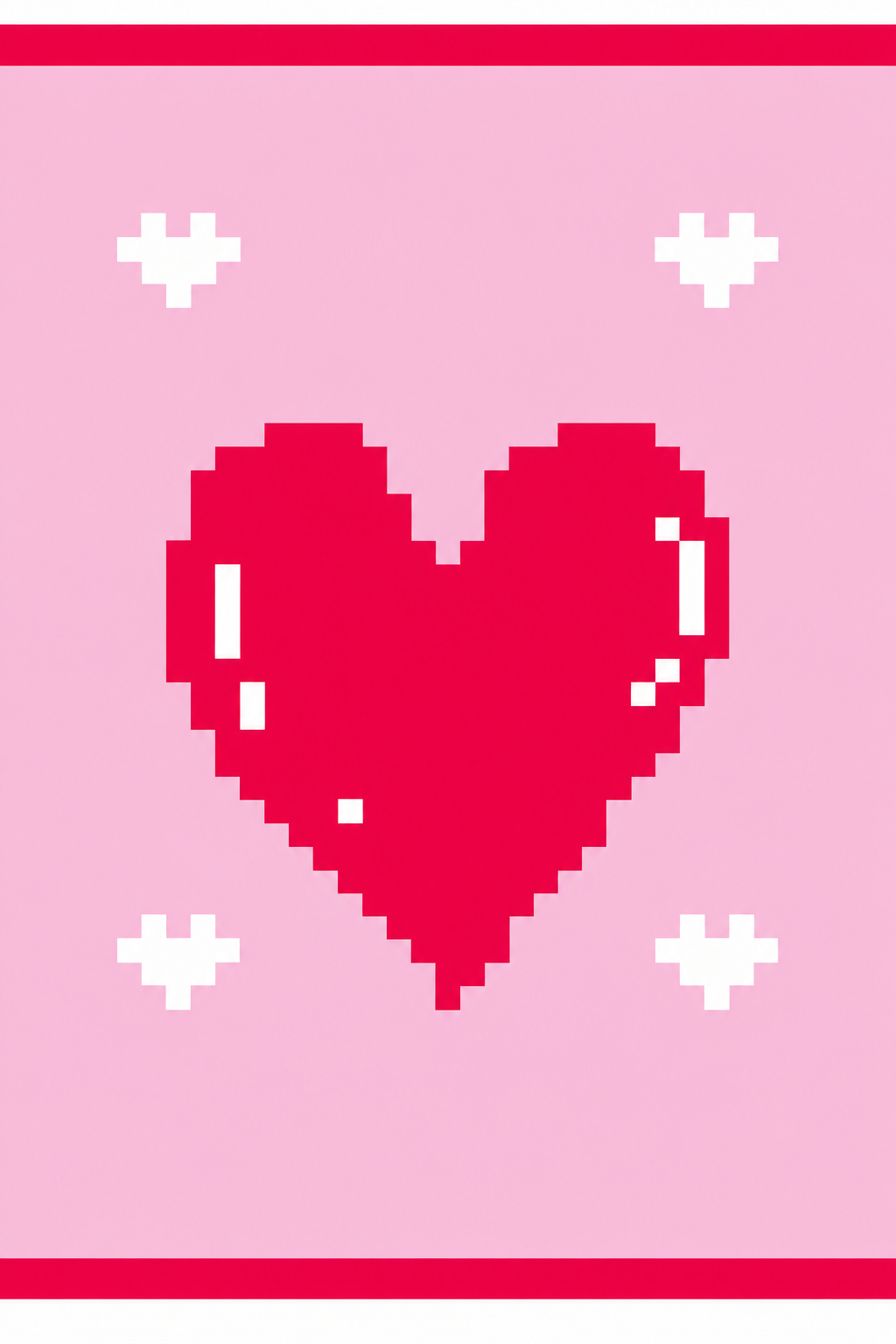 A pixel-art style graphic with a large bright pink heart centered on a light pink background, with four small white heart shapes around it and pink border lines at the top and bottom.