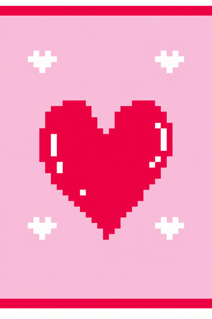 A pixel-art style graphic with a large bright pink heart centered on a light pink background, with four small white heart shapes around it and pink border lines at the top and bottom.