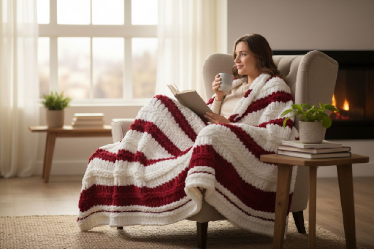 🍭❄️ Candy Cane Cuddle Blanket – Handcrafted Chunky Knit Blanket | Soft & Cozy❄️🍭