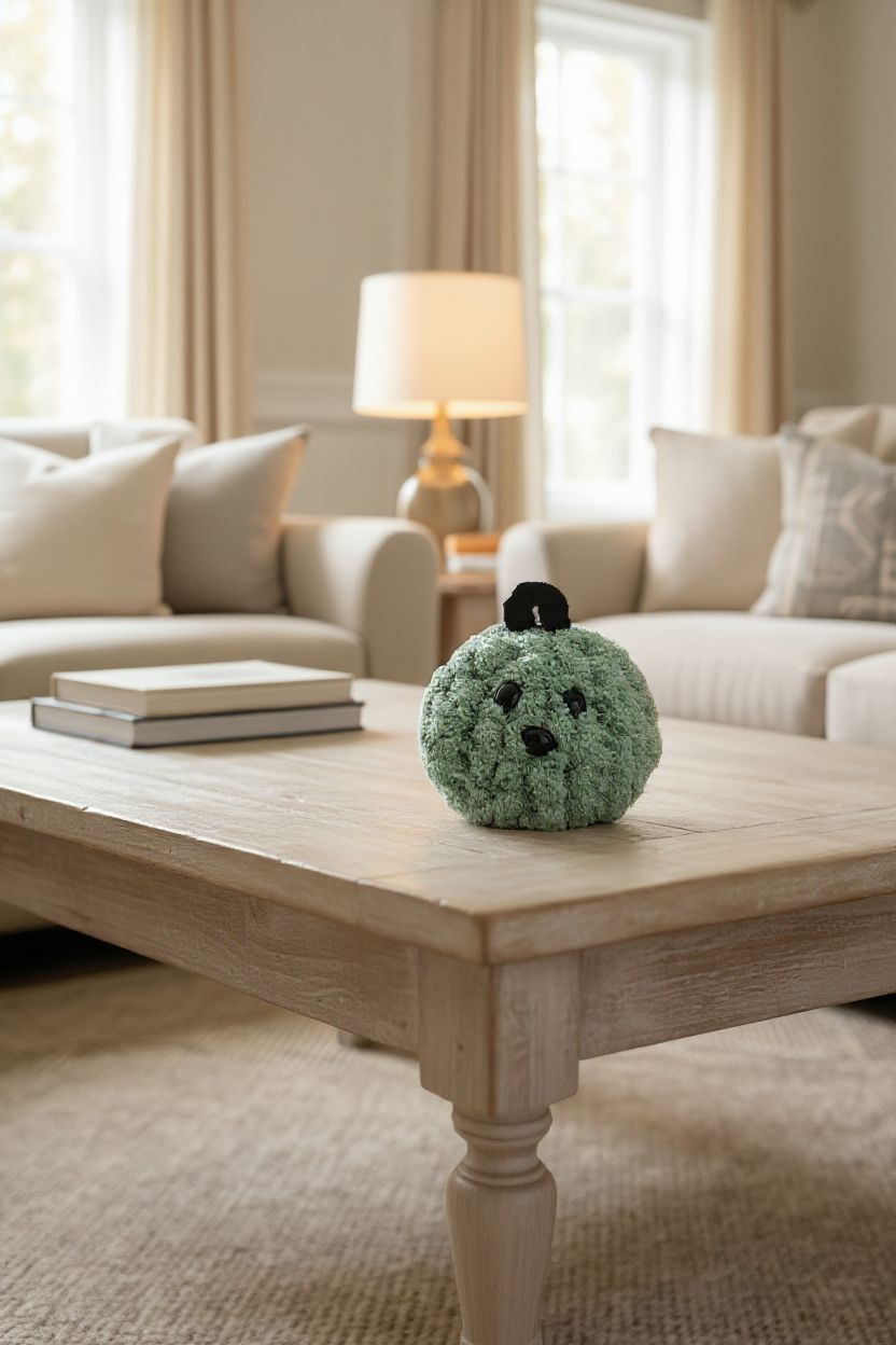 Green decorative pumpkin on a wooden coffee table in a living room.