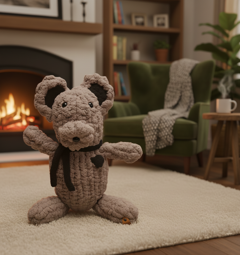 Plush mouse bear on a rug in a cozy living room with a fireplace and green sofa.