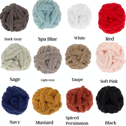Collection of knitted yarn balls in various colors with labels underneath.