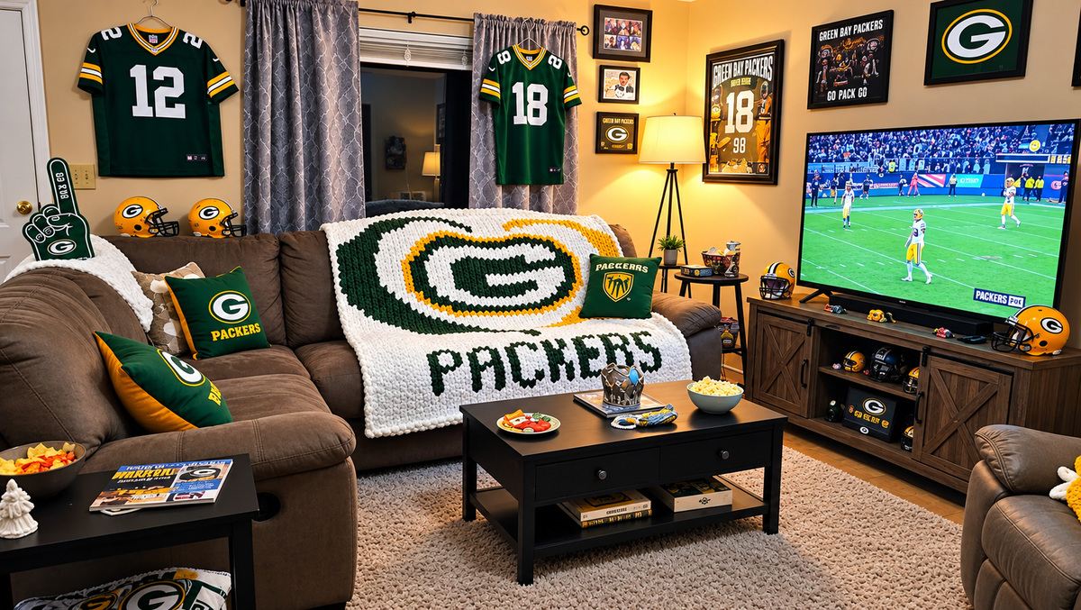 Close-up of the Pack Pride chunky knit blanket on a bed, showing the green and gold heart surrounding the G logo on a white background