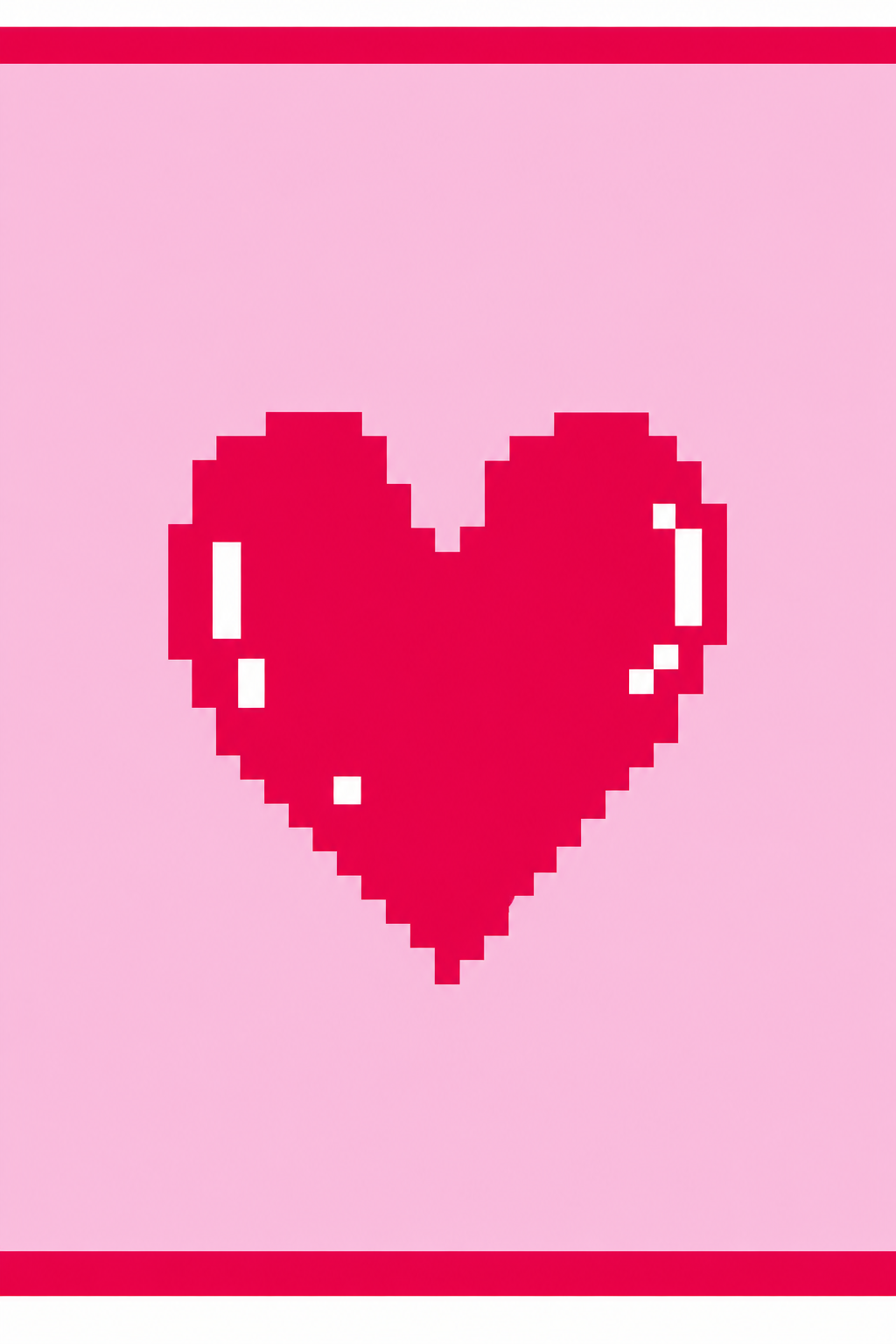 A pixel-art heart in bright pink on a light pink background, with thin dark pink horizontal bars at the top and bottom.