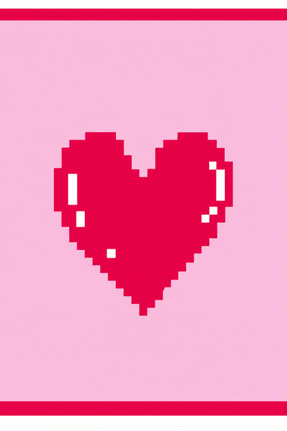 A pixel-art heart in bright pink on a light pink background, with thin dark pink horizontal bars at the top and bottom.