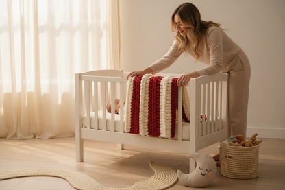 Woman placing a red and white striped blanket over a baby in a crib.