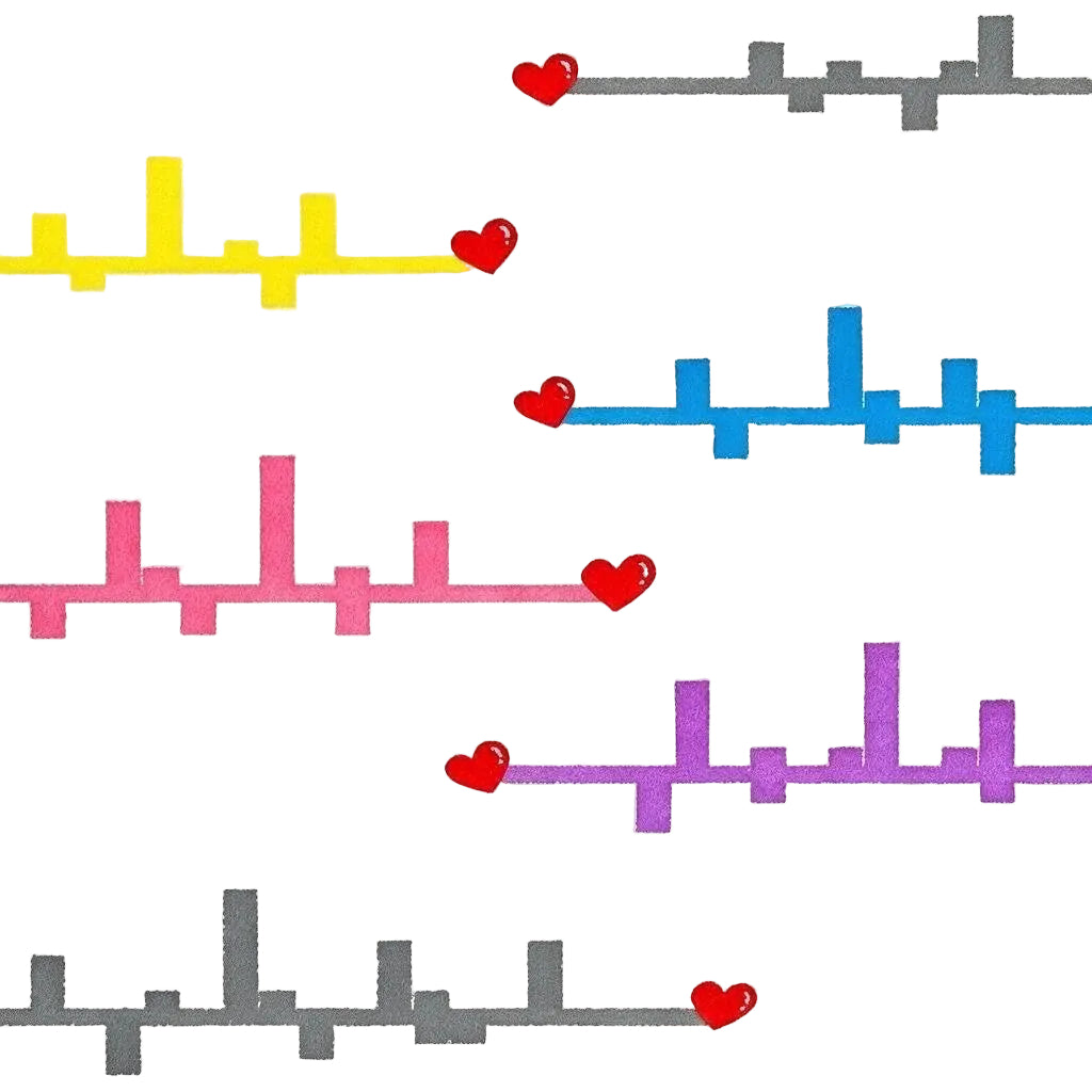 A repeating pattern of horizontal pulse lines in yellow, blue, pink, purple, and gray, each accompanied by a small red heart on a white background.