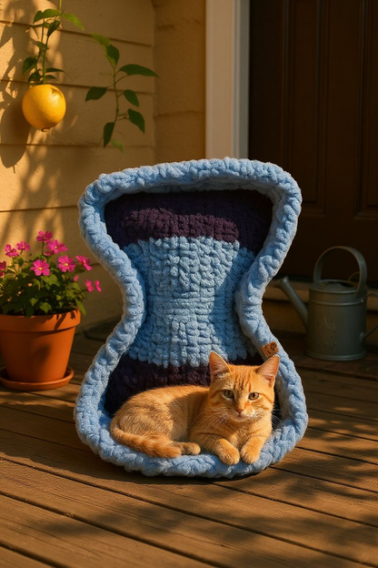 Cat sitting in a blue pet bed on a wooden deck with plants and a lemon in the background.