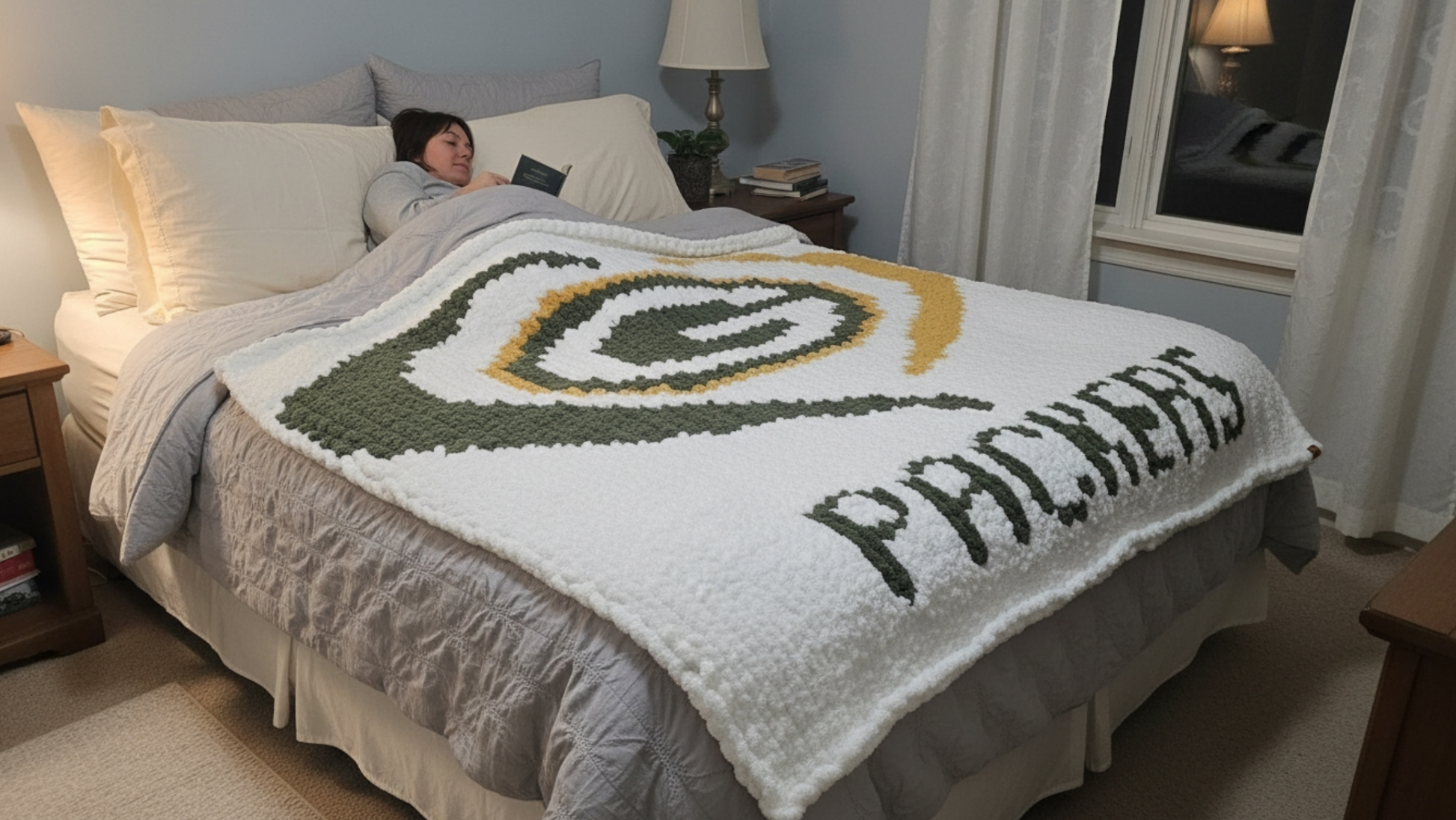 Person lying on a bed with a Packers blanket draped over them in a bedroom setting.