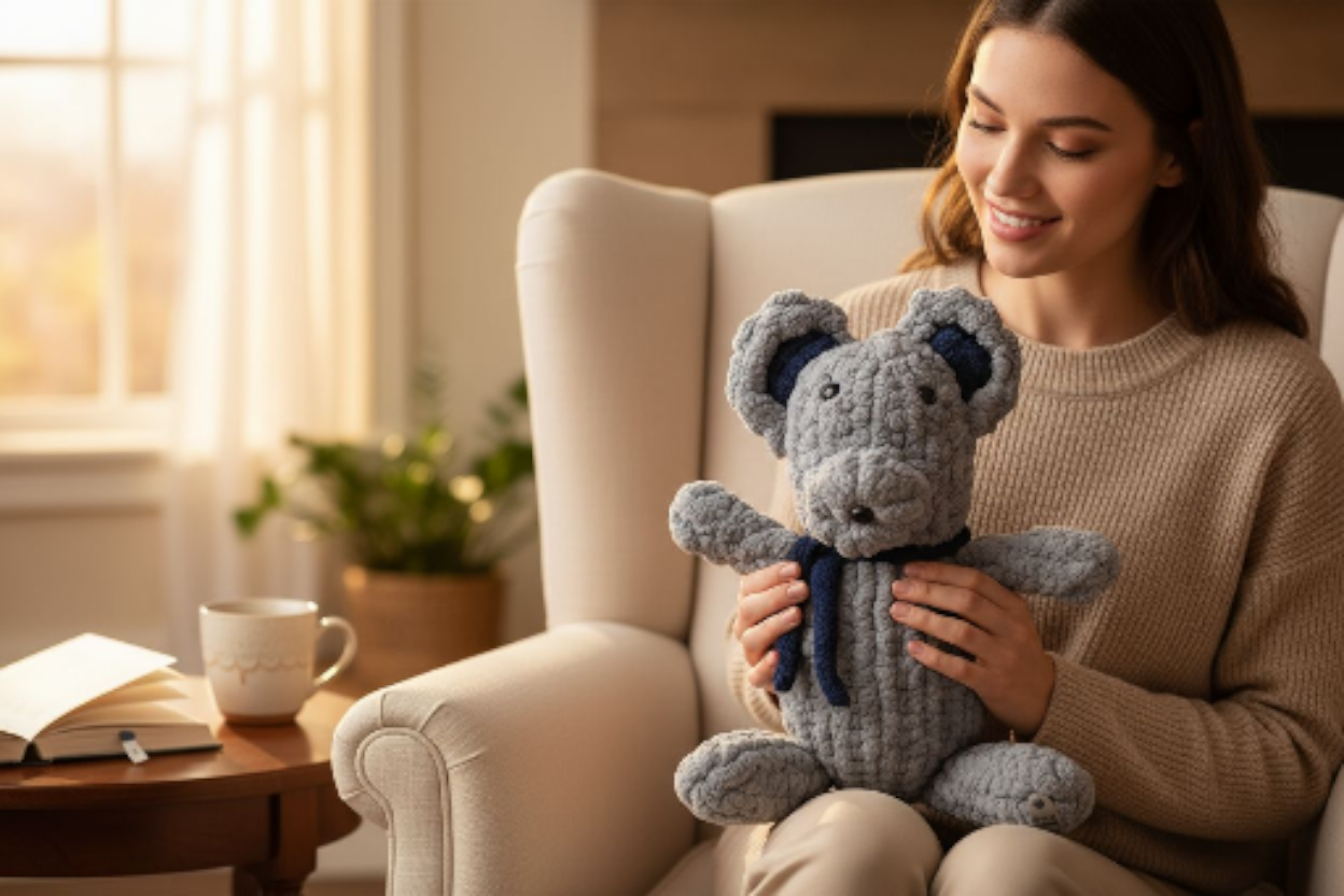 Woman holding a knitted teddy bear in a cozy living room.