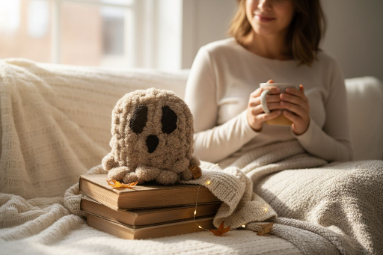 Person sitting on a couch holding a mug with a plush ghost toy and books in front