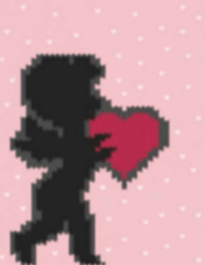 Silhouette of cupid holding a heart on a pink polka dot background