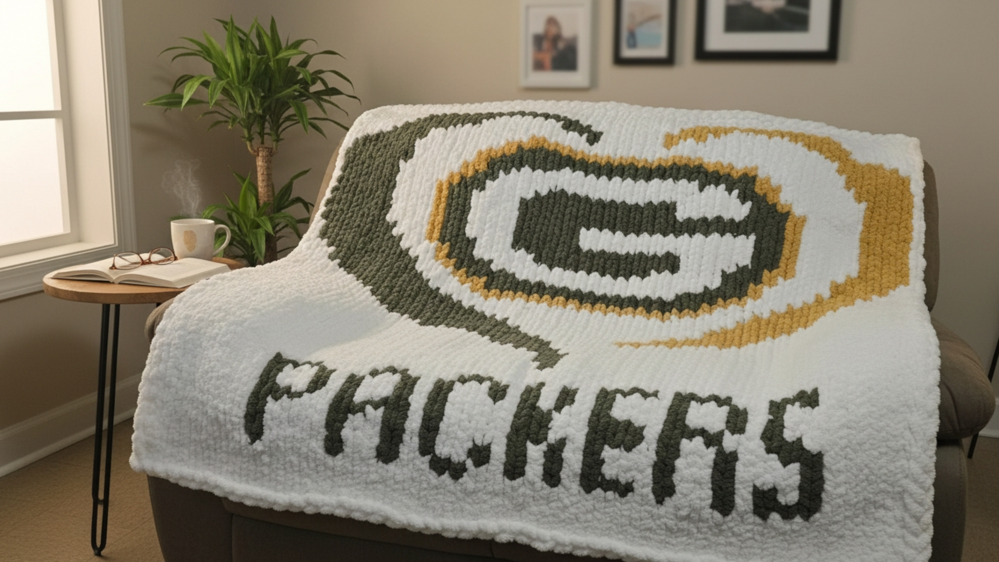 Green Bay Packers blanket draped over a chair in a room with decor elements.