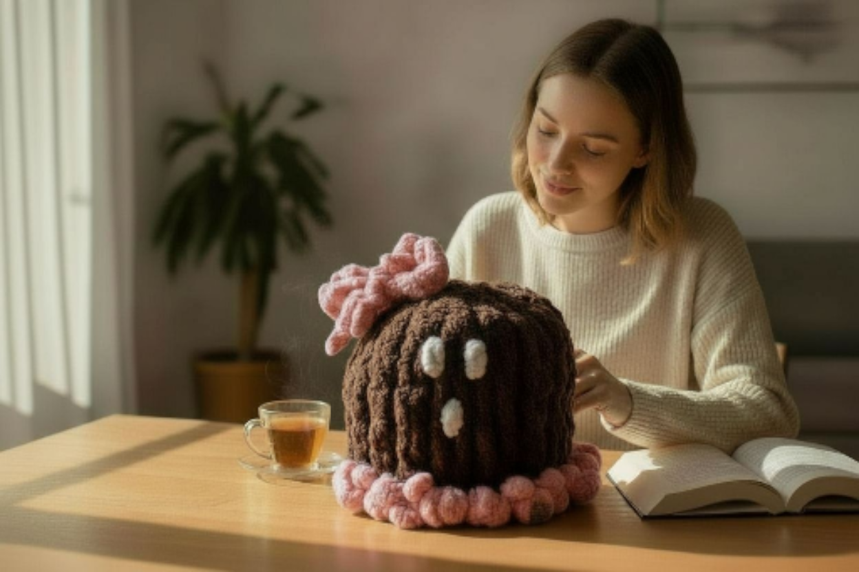 Woman sitting at a table with a ghost plush and a book