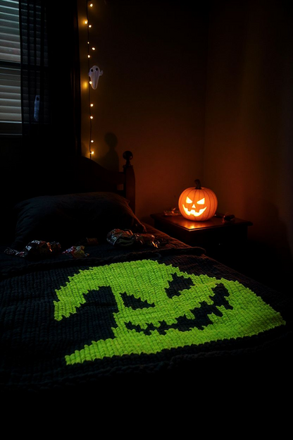 Bed with a green crochet blanket featuring an Oogie Boogie design, pumpkin on a nightstand in the background.