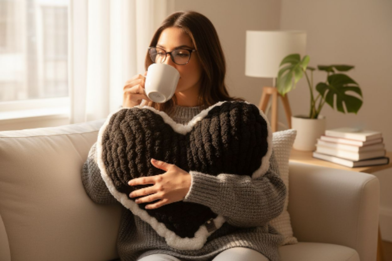 Woman sitting on a couch holding a heart-shaped pillow and a mug in a cozy living room.