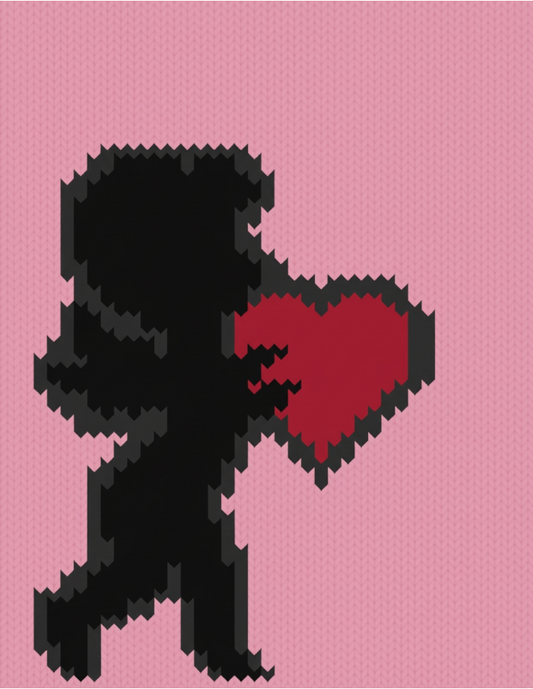 Black silhouette of a cupid holding a red heart on a pink background