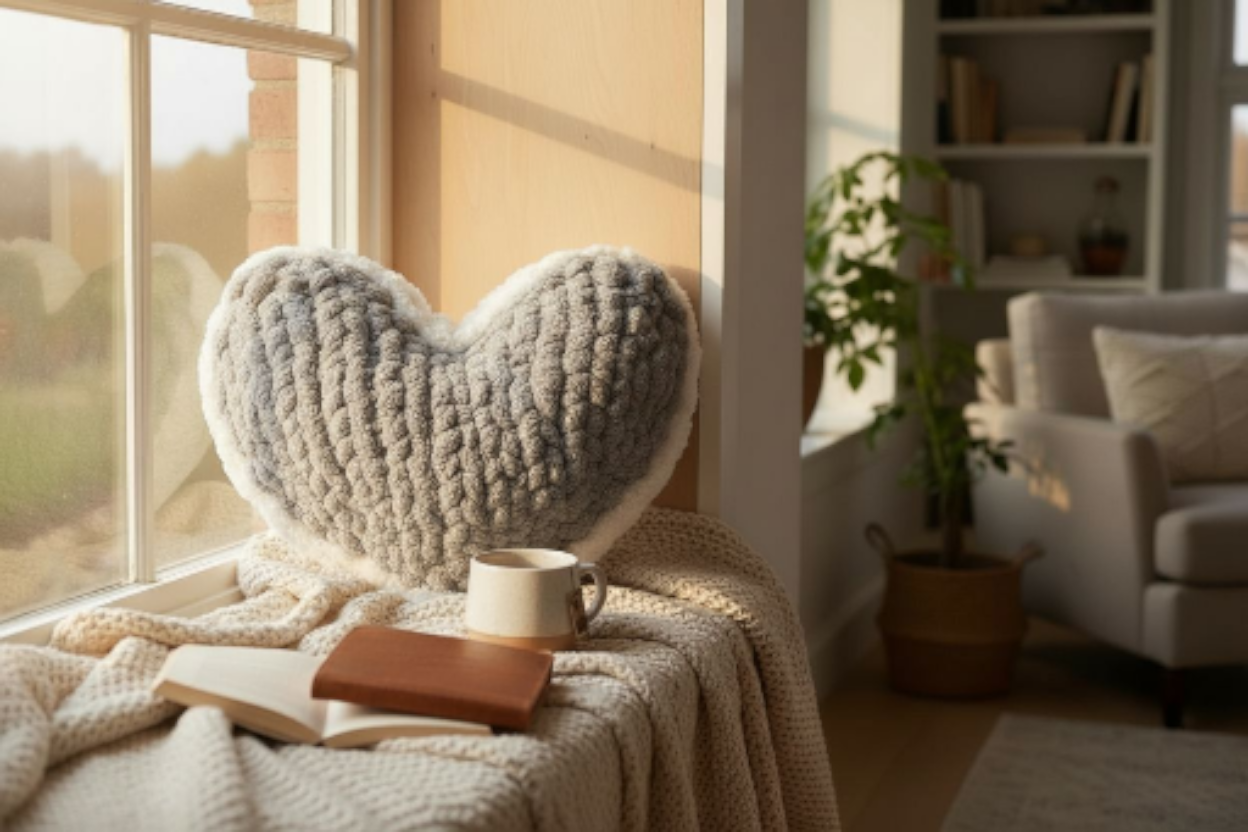 Heart-shaped pillow on a windowsill with a cup, book, and blanket in a cozy living room.