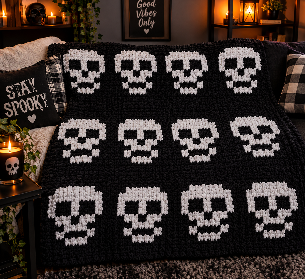 skull Chunky Knit blanket draped on a couch 