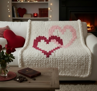 White sofa with a knitted blanket featuring heart patterns, surrounded by decorative items in a cozy living room.