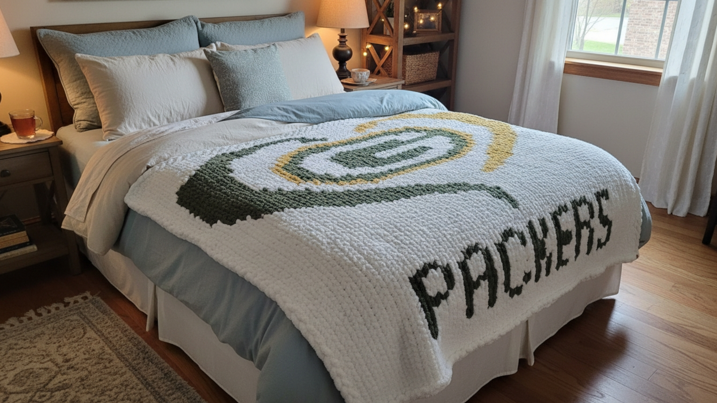 Bedroom with a bed featuring a Packers-themed blanket