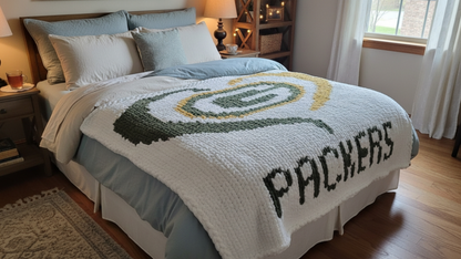 Bedroom with a bed featuring a Packers-themed blanket