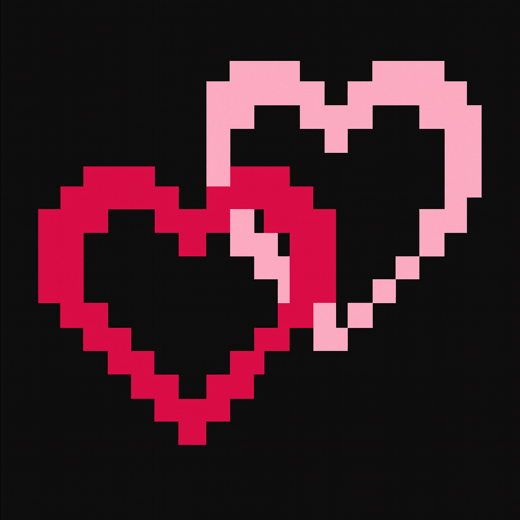 Pixelated heart shape in pink and red on a black background
