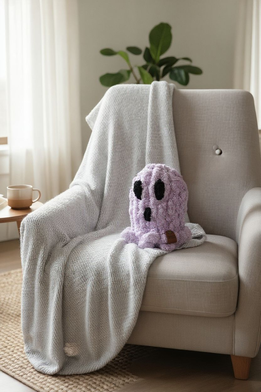 Couch with a blanket and a purple ghost-shaped pillow in a cozy room.