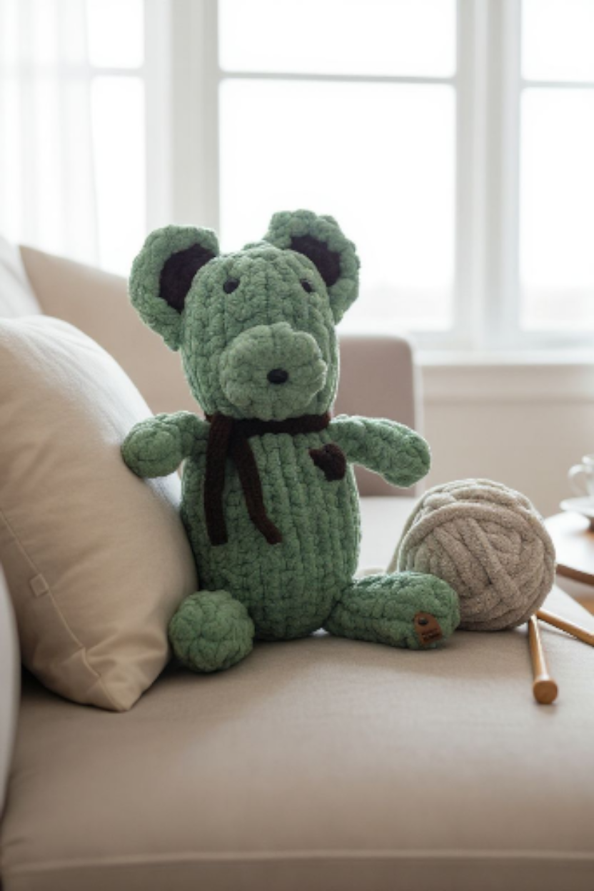 Green knitted teddy bear on a beige couch with a ball of yarn and knitting needles.