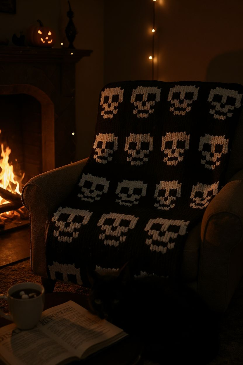 Black blanket with white skull pattern draped over a chair by a fireplace.