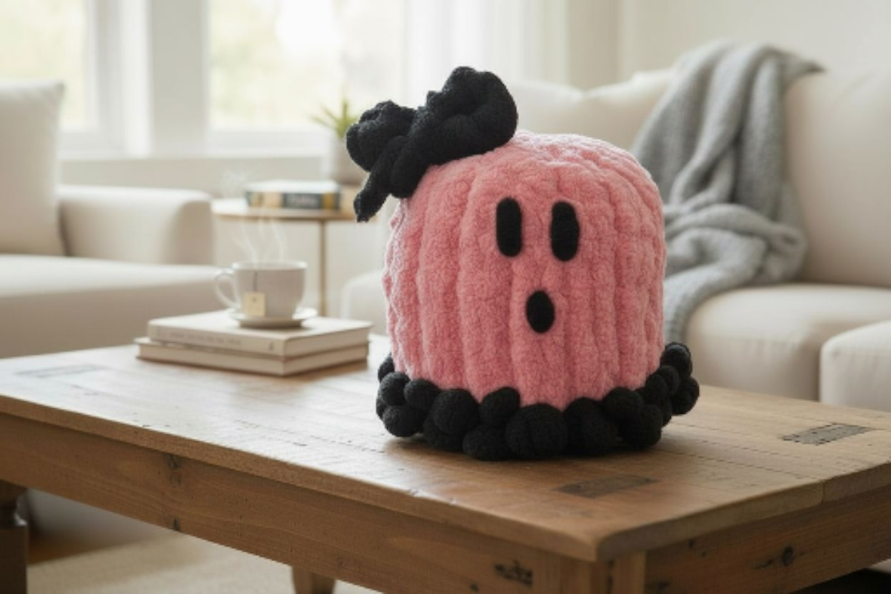 Pink and black plush ghost on a wooden coffee table in a living room setting