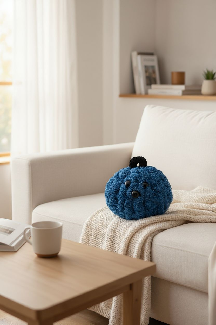 Blue plush toy on a white couch with a wooden coffee table in a bright living room.