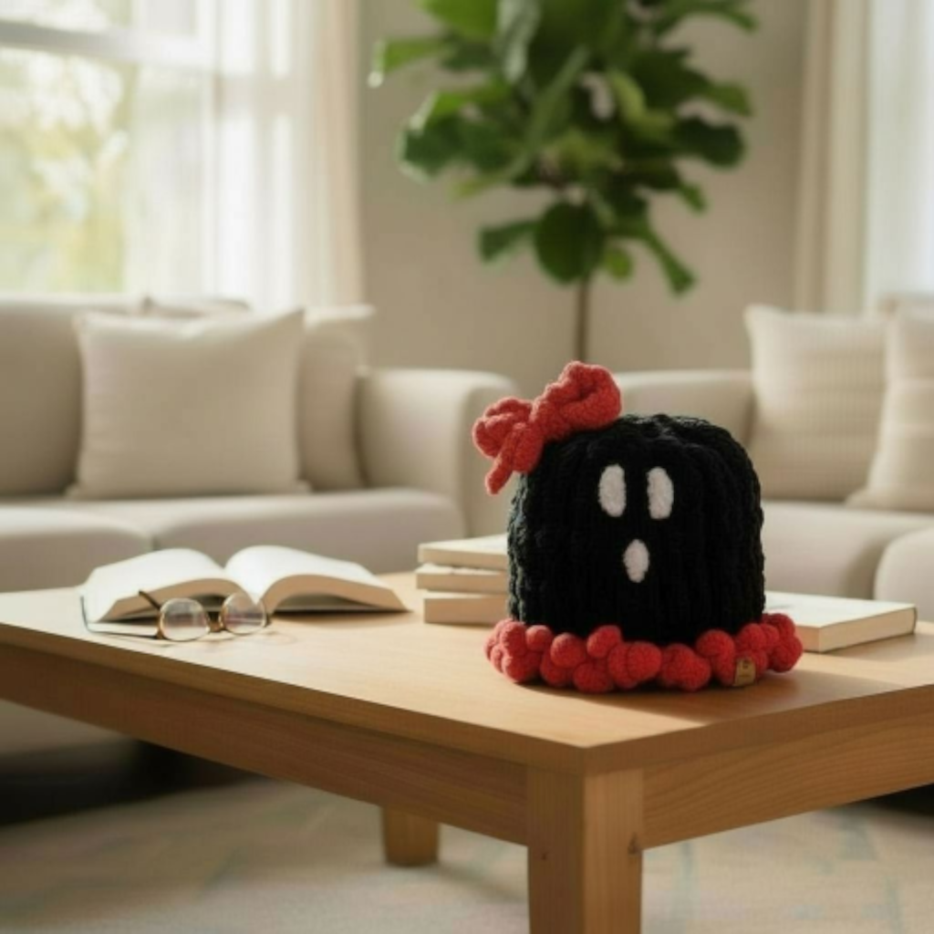 Black plush ghost with red accents on a wooden coffee table in a living room.