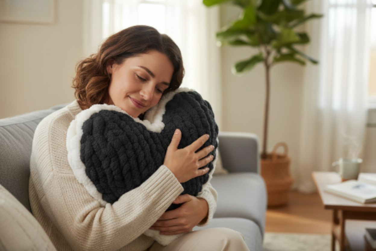 Woman hugging a heart-shaped pillow in a cozy living room.